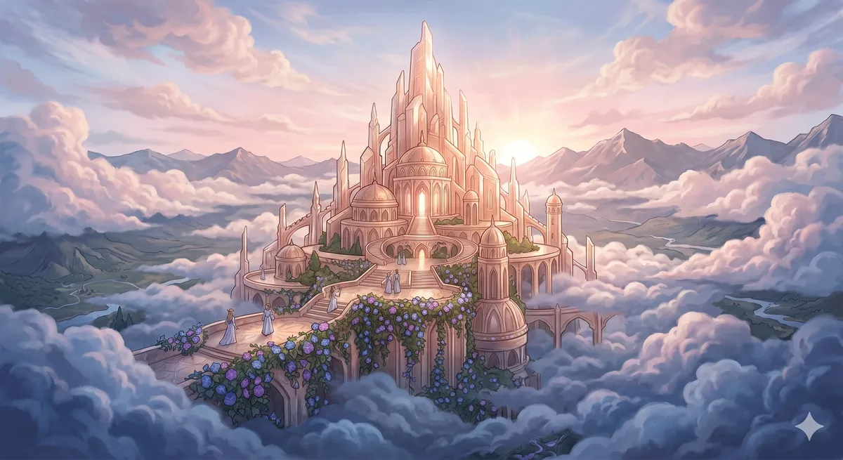 A gleaming, multi-tiered sunstone palace rising through the clouds, draped with morning glories and bathed in pale dawn light.